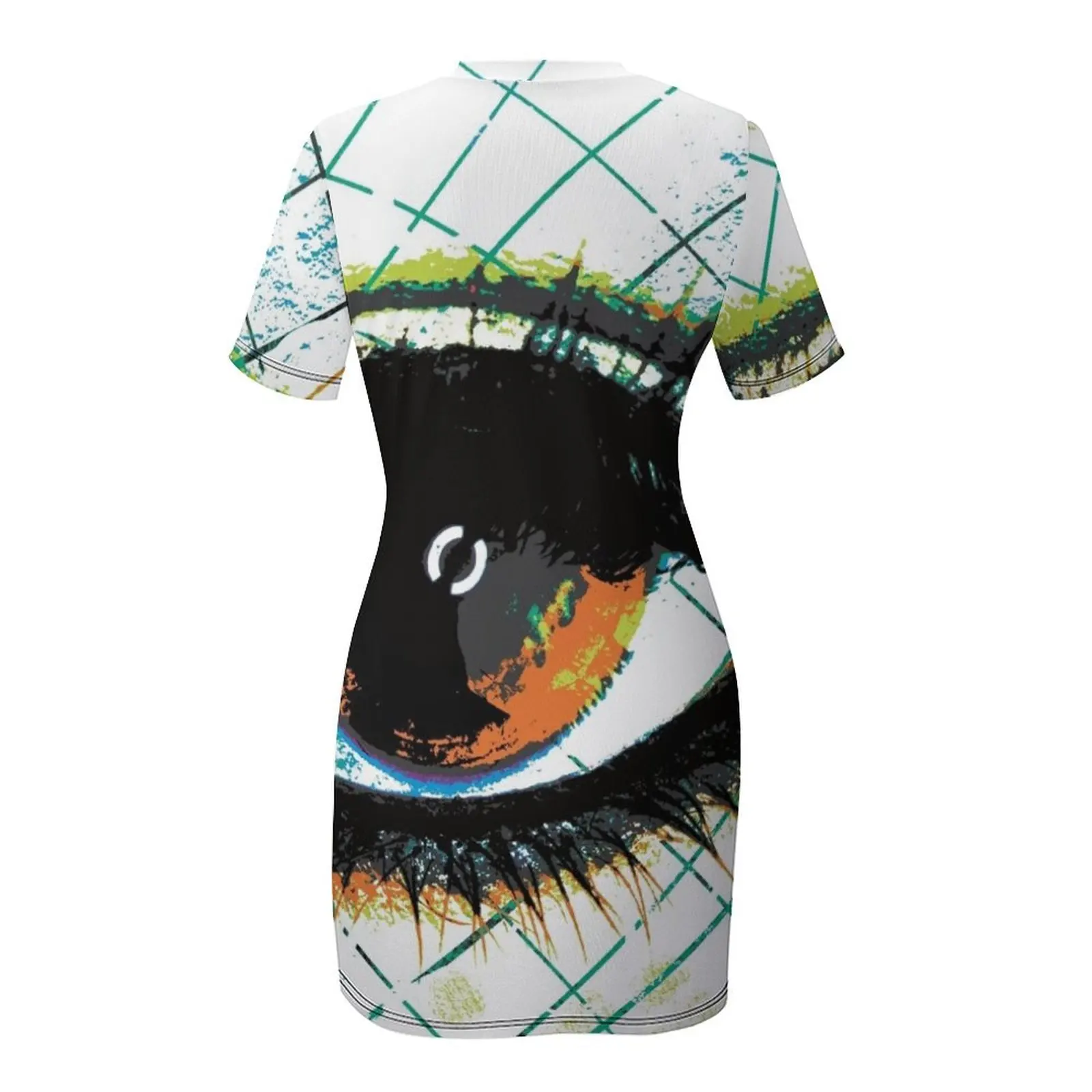 ชุดเดรสแขนสั้นลายดวงตาแบบนามธรรมพร้อมเส้นและวงกลม ชุดเดรสออกงาน