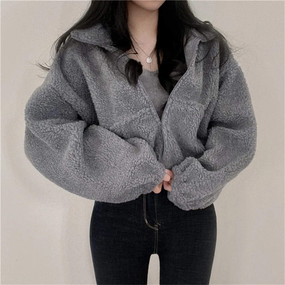 

Standing collar imitation lamb fur short jacket for women's autumn and winter new loose and versatile zippered cardigan top