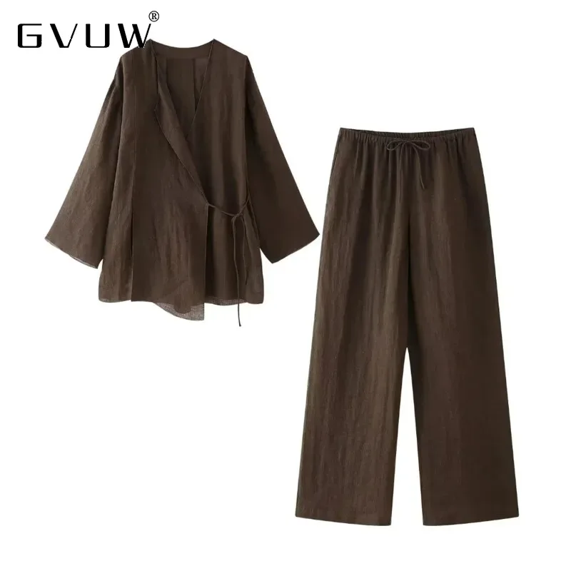 

GVUW 2 Piece Set Women Casual Solid Color Bandage Blouse High Waist Loose Trousers Versatile 2024 New Clothing 32C1193