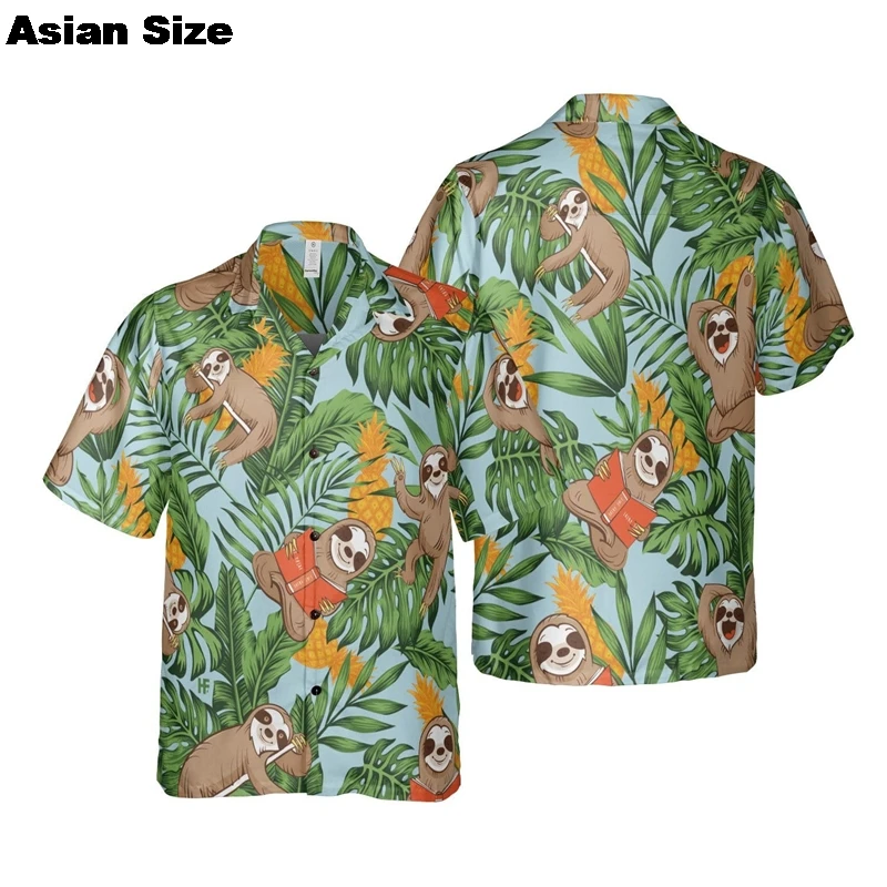

Funny Sloth Graphic Lapel Blouse Hawaiian Flower Beach Shirt Fashion Animal Short Sleeve Vacation Blouses Bradypod Button Tops