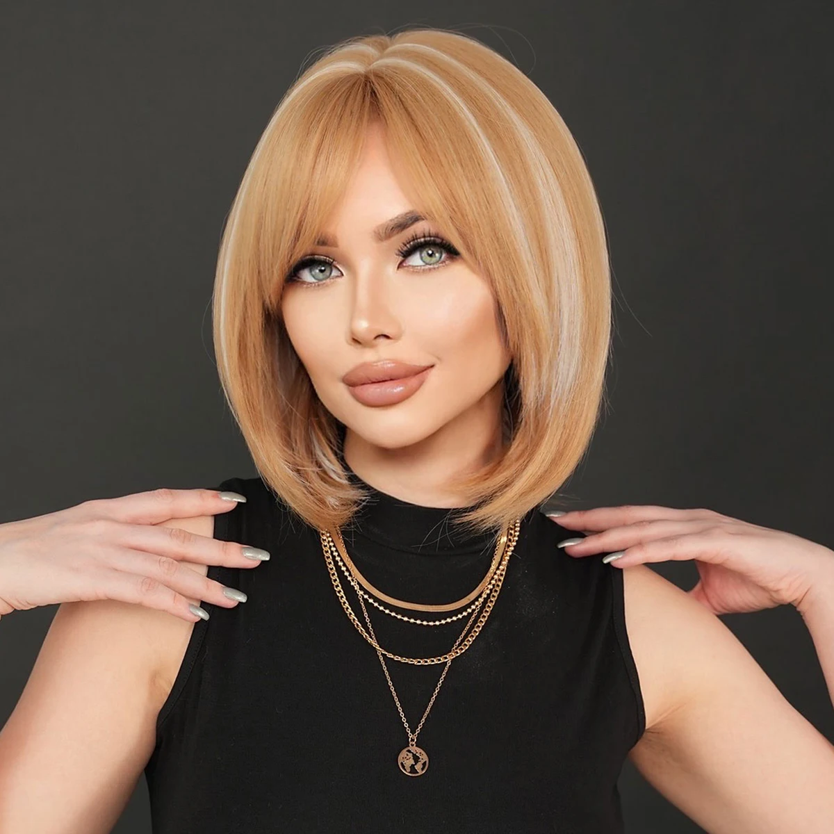 NAMM Short Straight Hair Blonde Wig For Woman Daily Cosplay Wig Highlight White Bob Wigs Synthetic Hair Heat Resistant