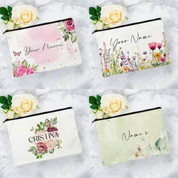 Custom Name Flowers Makeup Bag Women Travel Accessories Bridesmaid Handbag Wedding Gift Kids School Pencil Case Cosmetic Bag