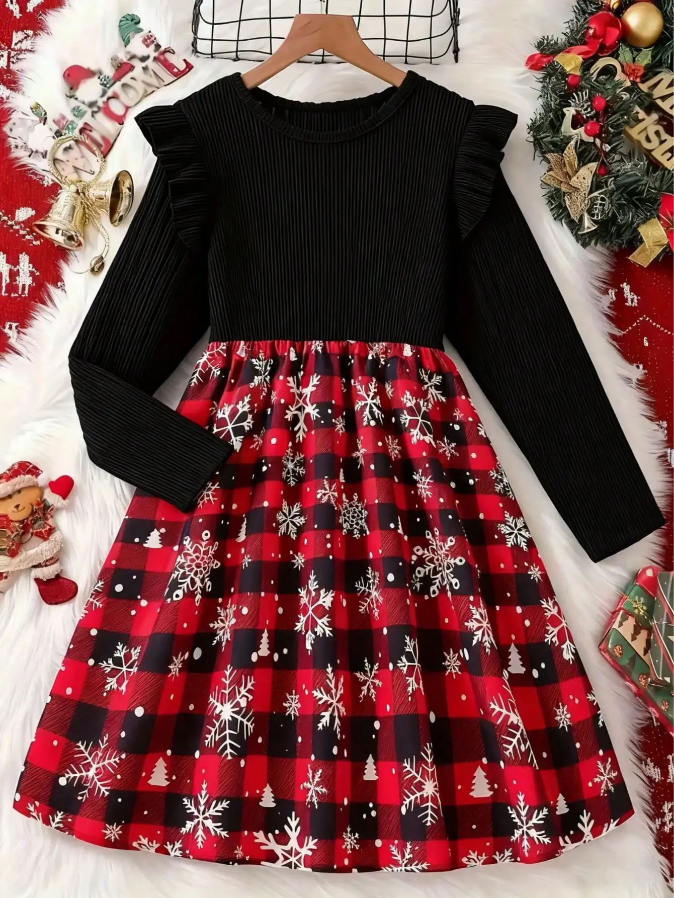 Children's Plaid Snowflake Print Dress Casual Elegant round Neck Lotus Leaf Side Length Sleeve mid Length Skirt