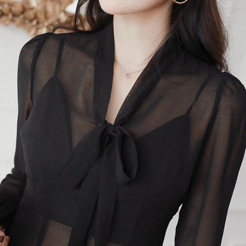 Sexy V-Neck Bow Thin Transparent Shirt Top Women 2023 New Summer Long Sleeves Club Party Black See-through Chiffon Blouse female