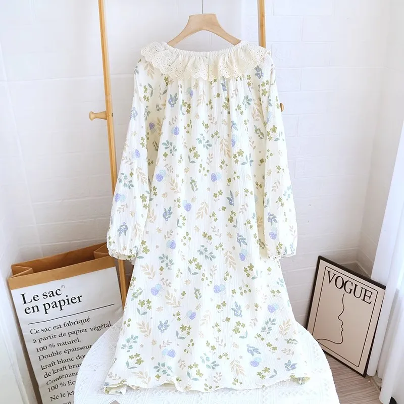 2024 New Spring and Autumn Women's Sleeping Skirt 100% Cotton Long Sleeve Skirt Print Loose Fit Long Skirt Home Dress