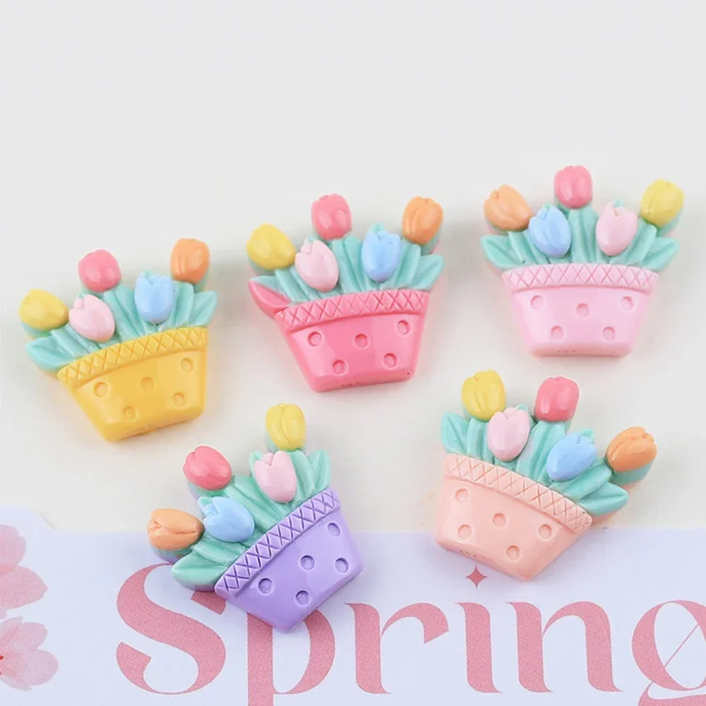 10PCS Shiny Tulip Flower Basket Resin Flat Back Cabochons For Hairpin Scrapbooking DIY Jewelry Craft Decoration Accessories