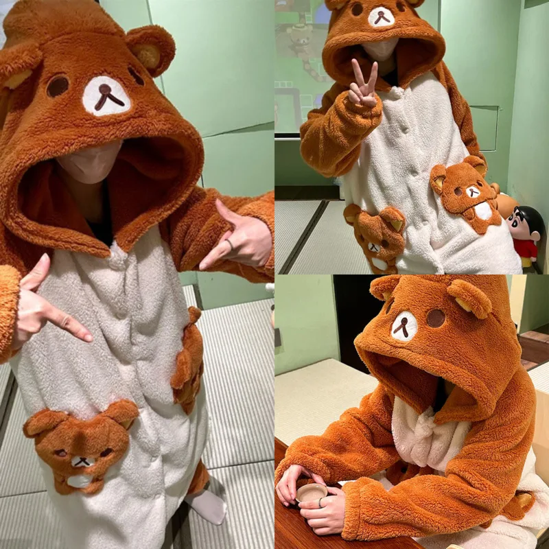 Rilakkuma Pajama Set Embroidery Hoodie Autumn Winter Coral Fleece Pajama Women Cute Button Thick Hooded Warm Home Set Top New