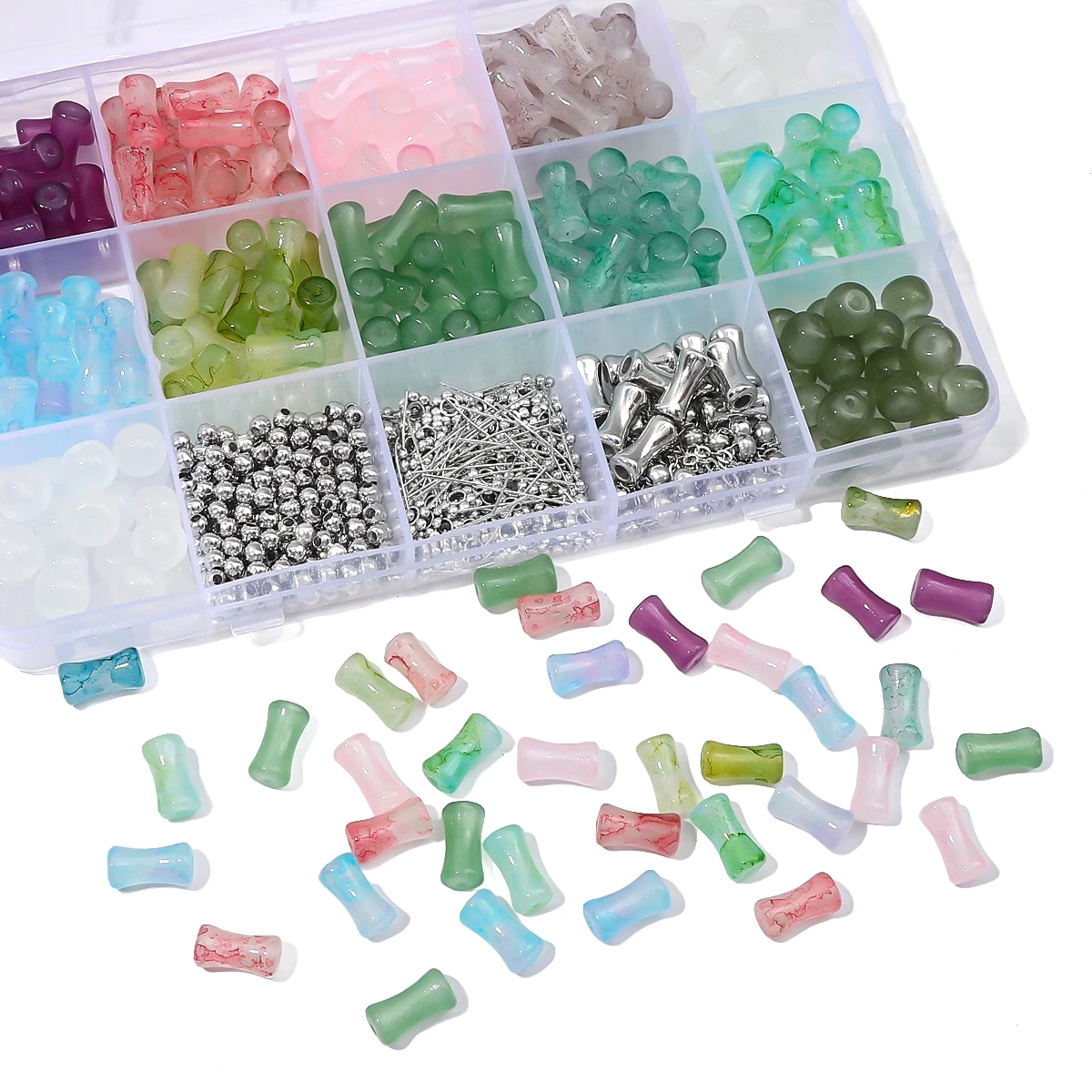 About371Pcs15 Grid Box Glass Bamboo Accessories Set Handmade DIY Making Bracelets, Necklaces, Earrings, Jewelry Accessories