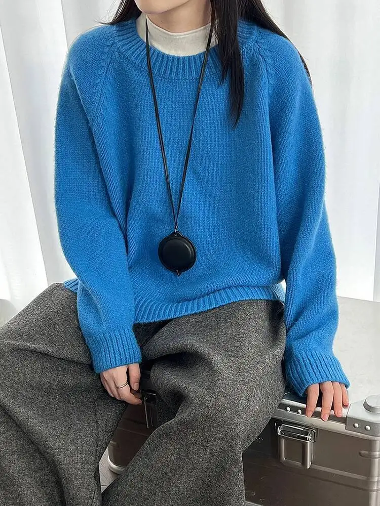 

Blue Big Size Casual Knitting Sweater Round Neck Long Sleeve Women Pullovers New Fashion Tide Spring Autumn