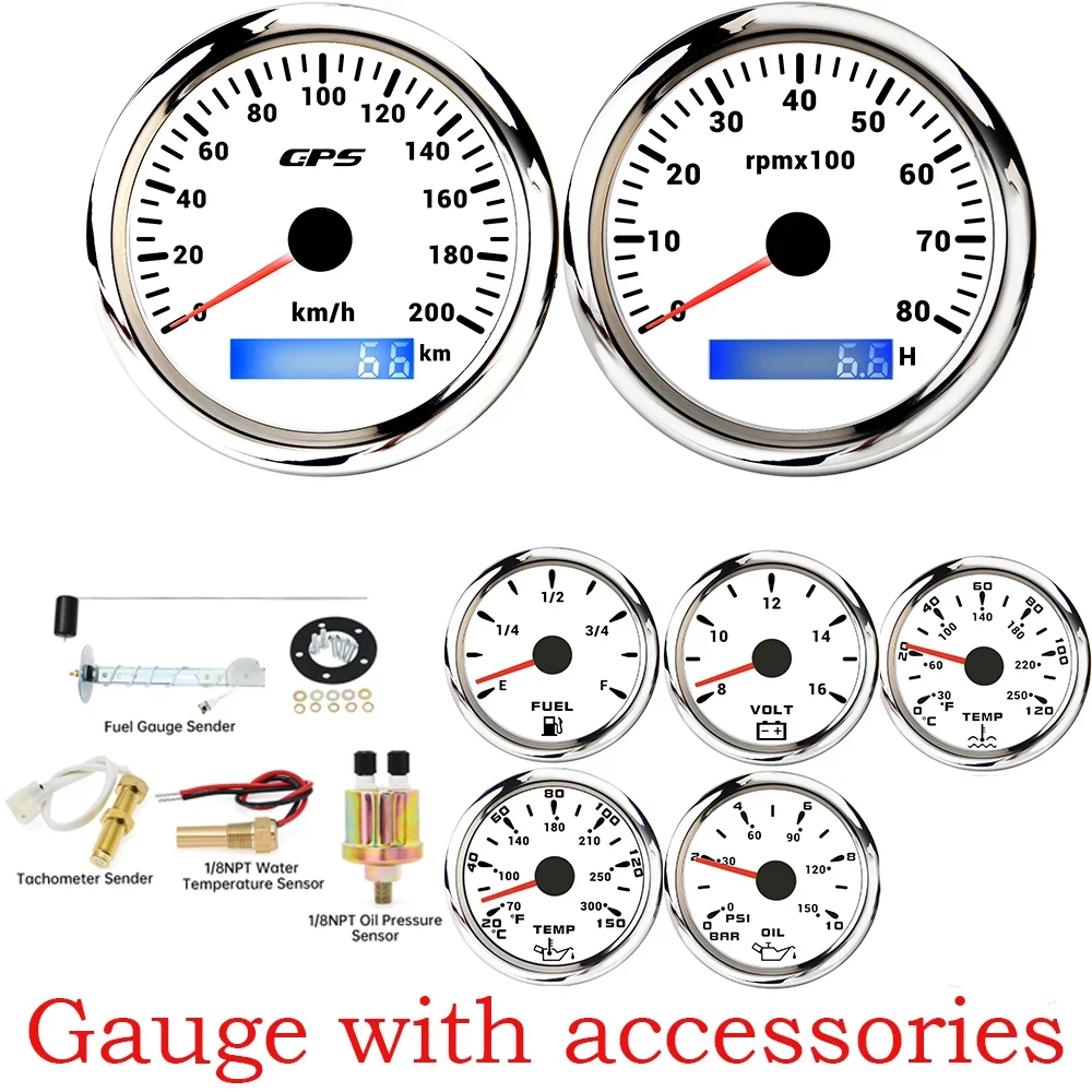 

A 8 Gauges Set 52MM Fuel Level Gauge Oil Pressure Voltmeter Hours 85MM GPS Speedometer 200 Km/H with Tachometer 0-8000RPM