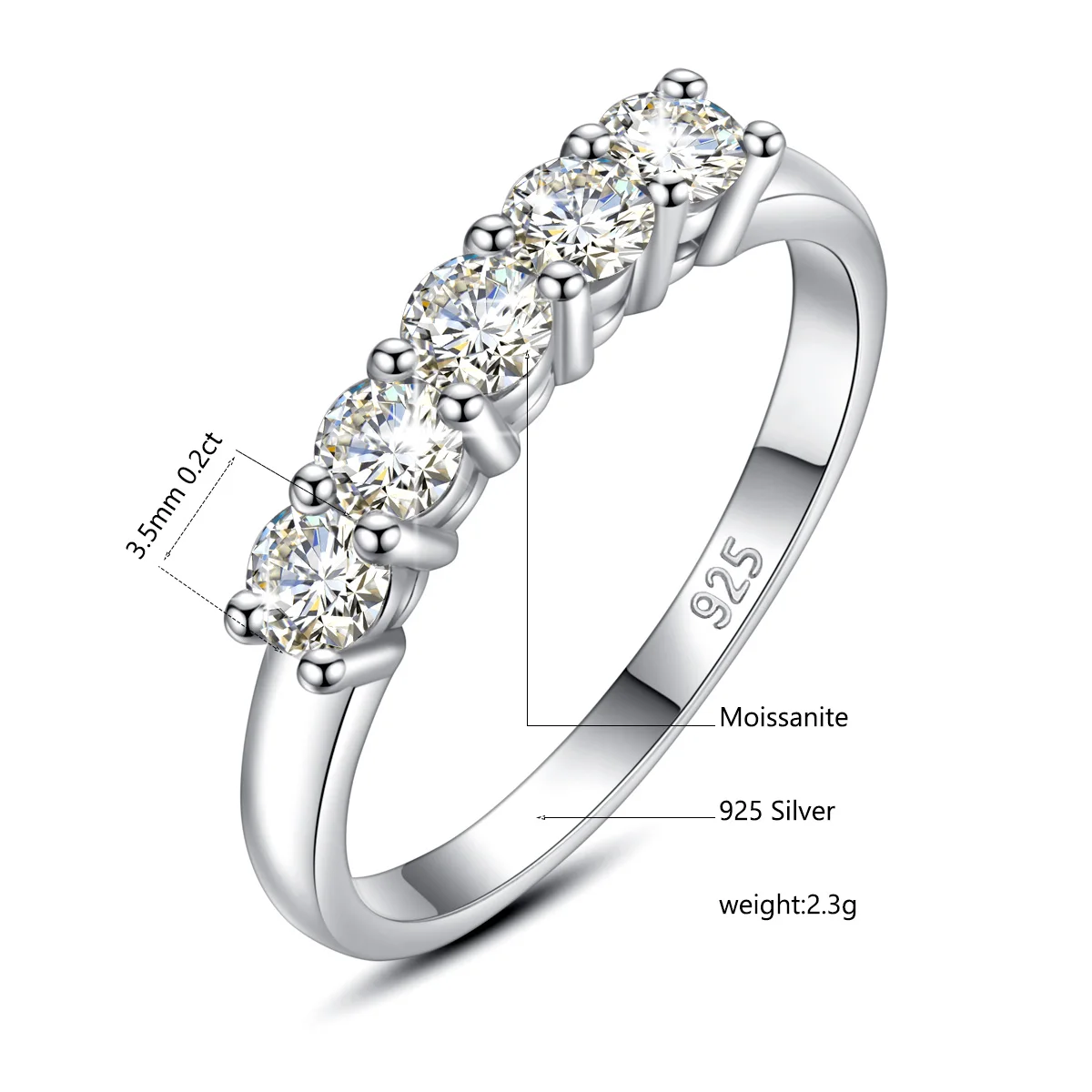 Massiver 925 Sterling Silber Ring mit 5 Steinen in Reihe für Damen, Runder Moissanit Stapelring, Hochzeit, Versprechen, Verlobung, Schmuckgeschenk – Detail 1