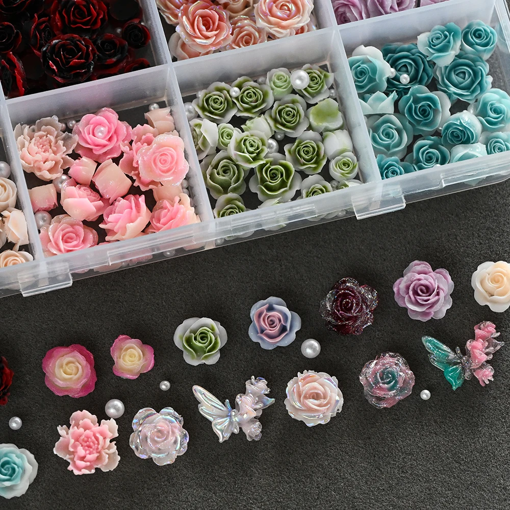 12 rejillas acrílicas, flor de Camelia rosa con perlas, cuentas de Caviar, dijes para uñas, Camelia colorida 3D, decoraciones artísticas para uñas Y2K para niñas