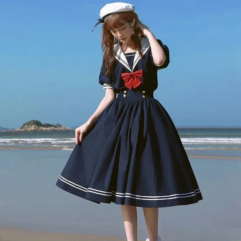 

Harajuku saior collar navy blue dress Japanese Lolita Sweet bow girl retro cotton kawaii college style long-sleepked dress women