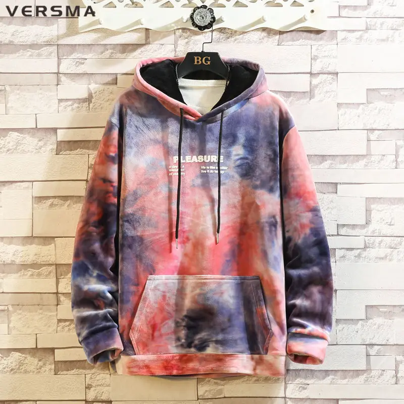 VERSMA Korean Ulzzang Tie Dye Velvet Fleece Hoodie Women Autumn Streetwear Casual Oversized Sweatshirt Men Pullover Dropshipping