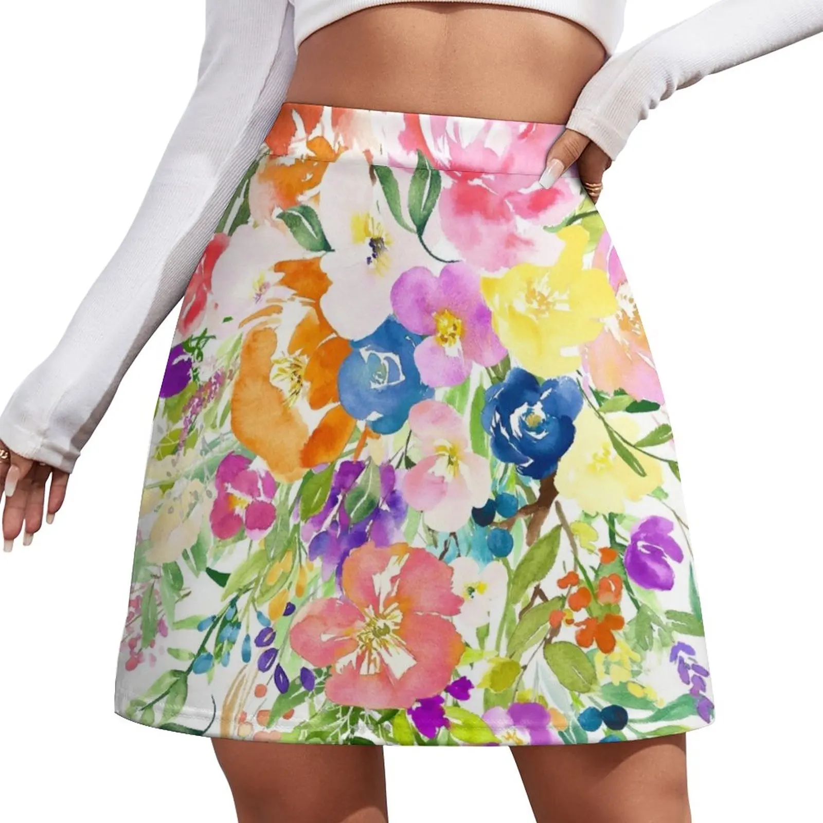 

Colorful Large Watercolor Flower Bouquet Mini Skirt 90s aesthetic short skirts for women
