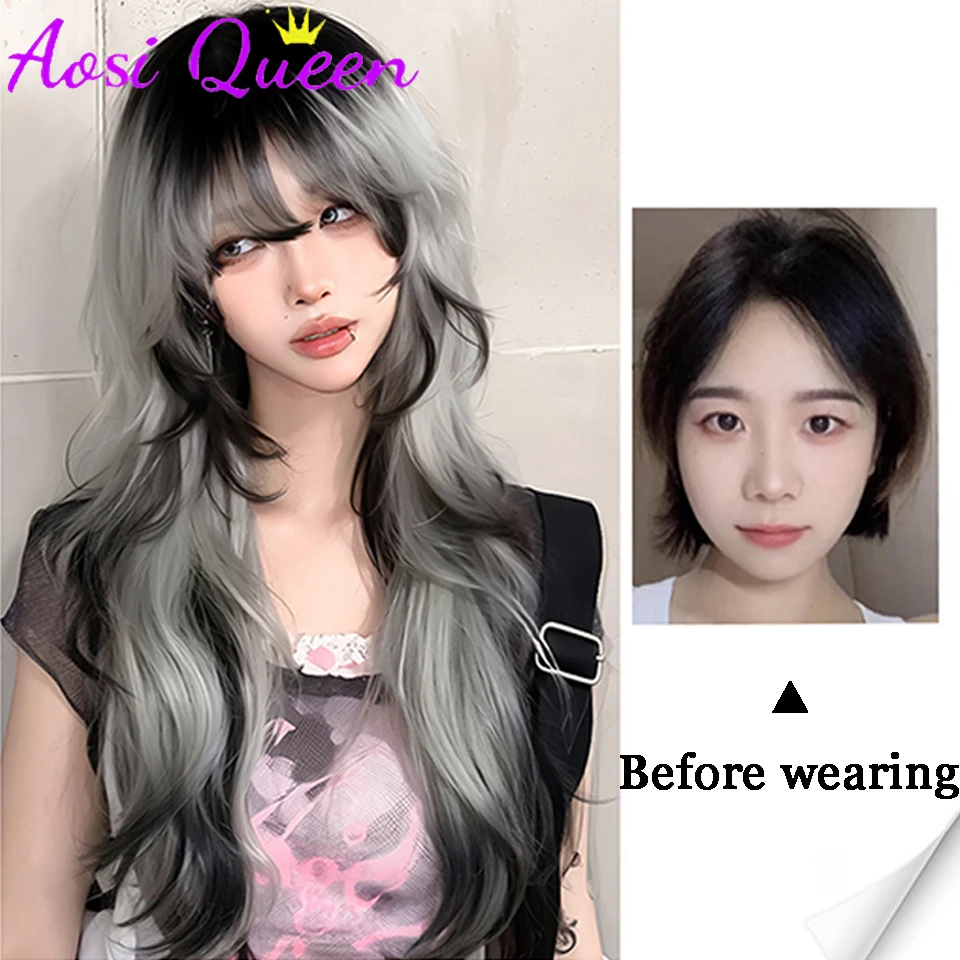 AOSI-perucas cosplay gradiente de onda longa para mulheres, preto e cinza, resistente ao calor, perucas sintéticas, natural lolita bangs