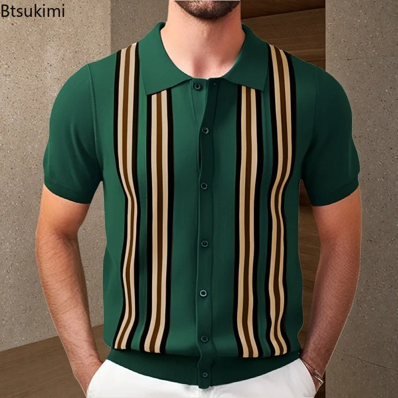 2025 Men's Summer Sweater Shirts Knitted Short Sleeve Turn-down Collar Button Knit Shirt Men Striped Knitting Cardigan Shirts