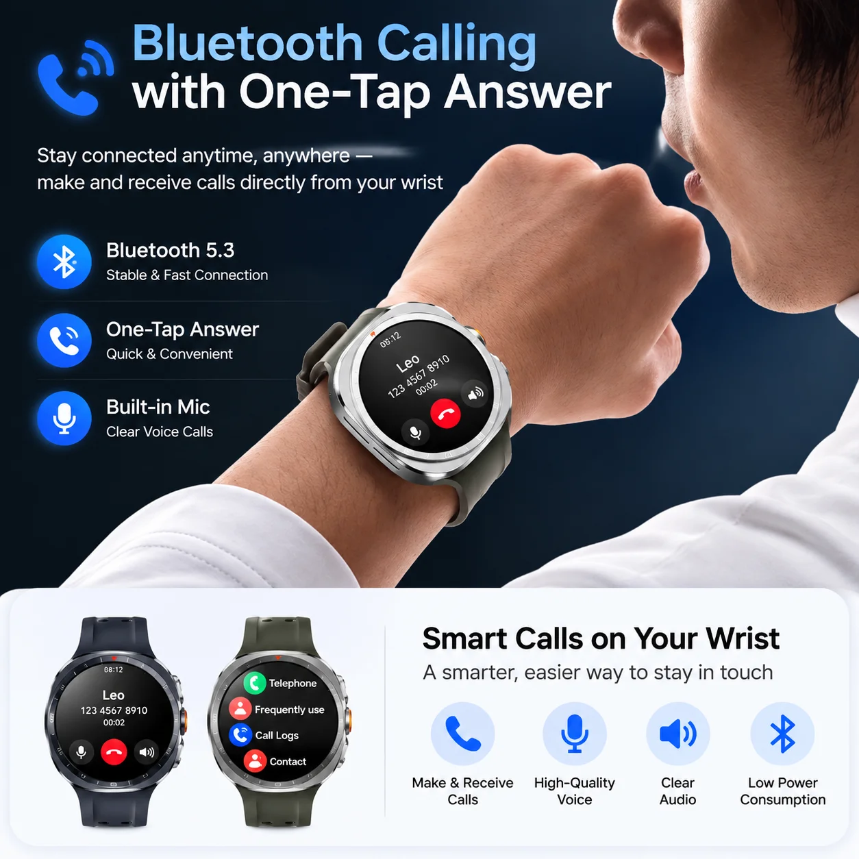 Sapphire Glass Smart Watch Men Women 1.52' Compass 400mAh Battery Bluetooth Call IP68 Waterproof Fitness Tracker Gift Android IO view 5