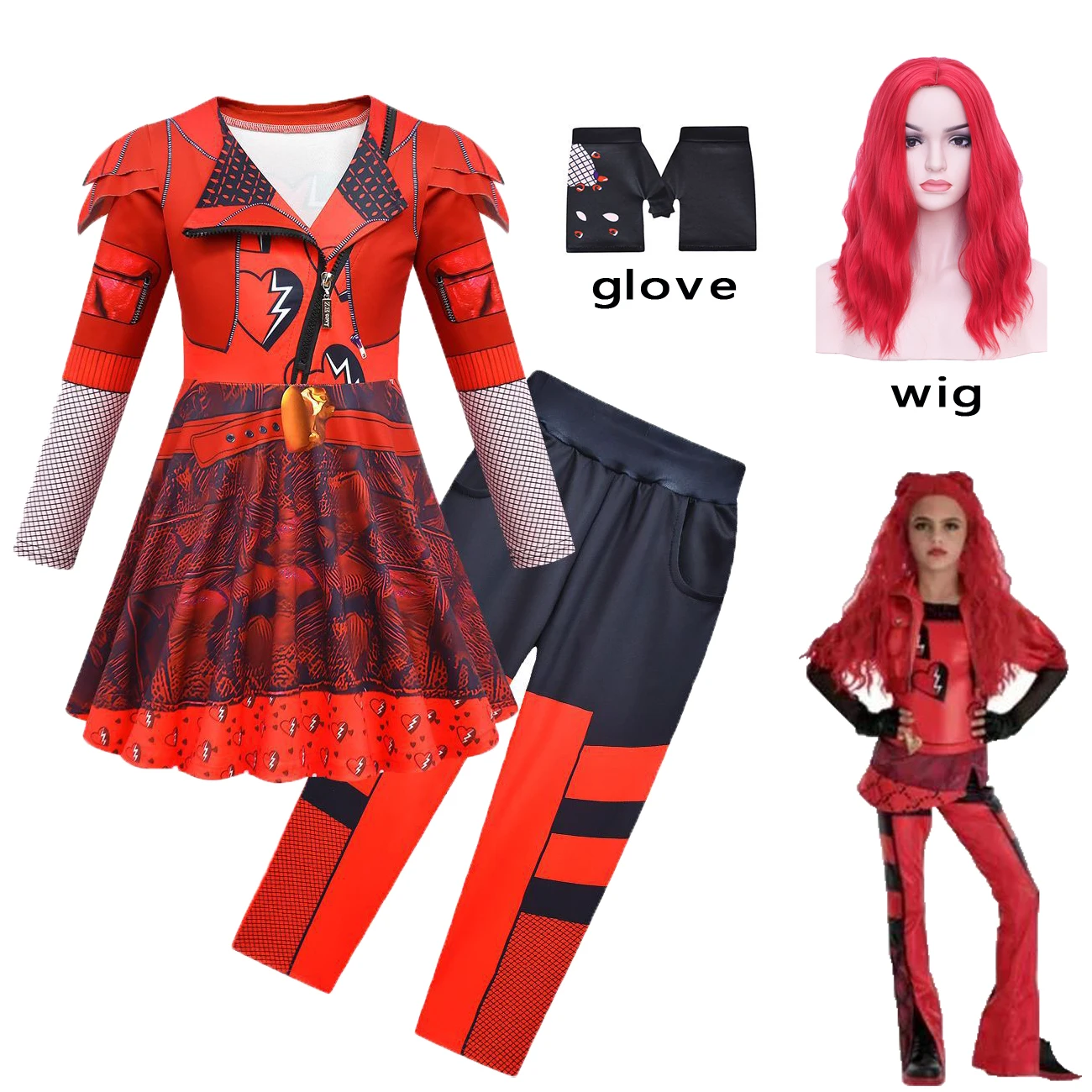 

Kids D-Descendants Rise of Red Costume for Girls Red Chloe Cosplay Costume Kid Fancy Dress Pants Wig Set Halloween Girls Clothes