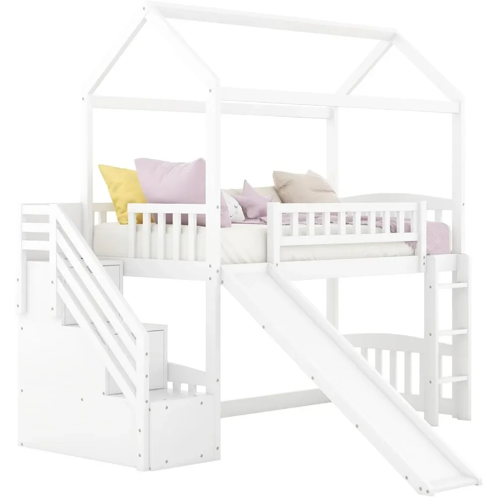 Hochbett mit Rutsche, Haus-Hochbetten, Twin-Size-Bett mit Stufen-Aufbewahrungsschubladen, Treppenhaus für Kinder, Kleinkinder, Mädchen/Jungen