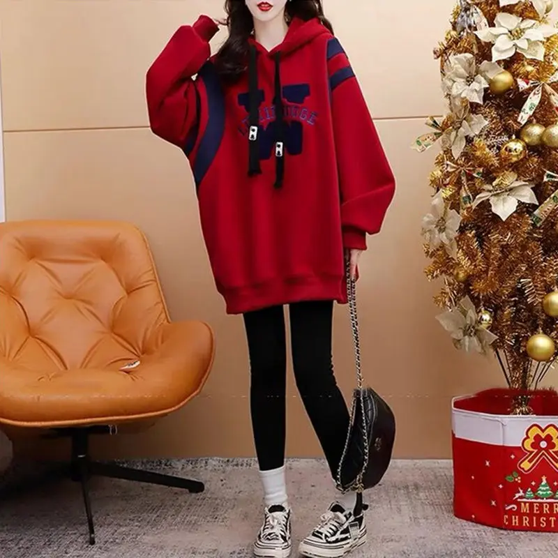 Fashion Spliced Letter Embroidery Hooded Casual Dress Female Clothing 2024 Autumn Winter New Oversized Young Style Mini Dress