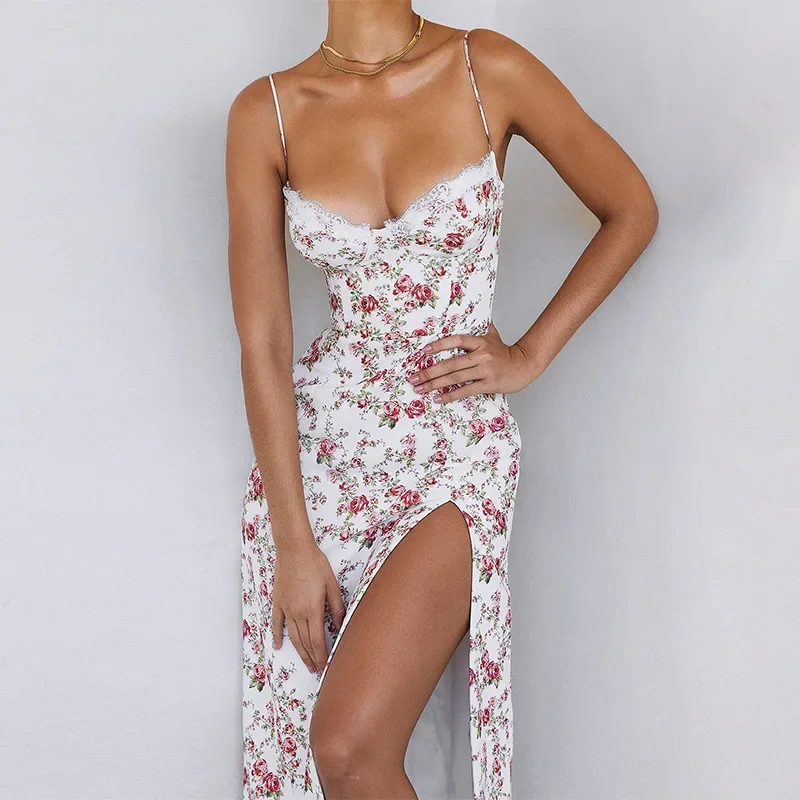 Bloemenprint Vrouw Hemdje Jurk Halverwege de kuit Lengte Grace Japon Strandstijl Backless Kant Vestido Side High Split Party Gown Y2k