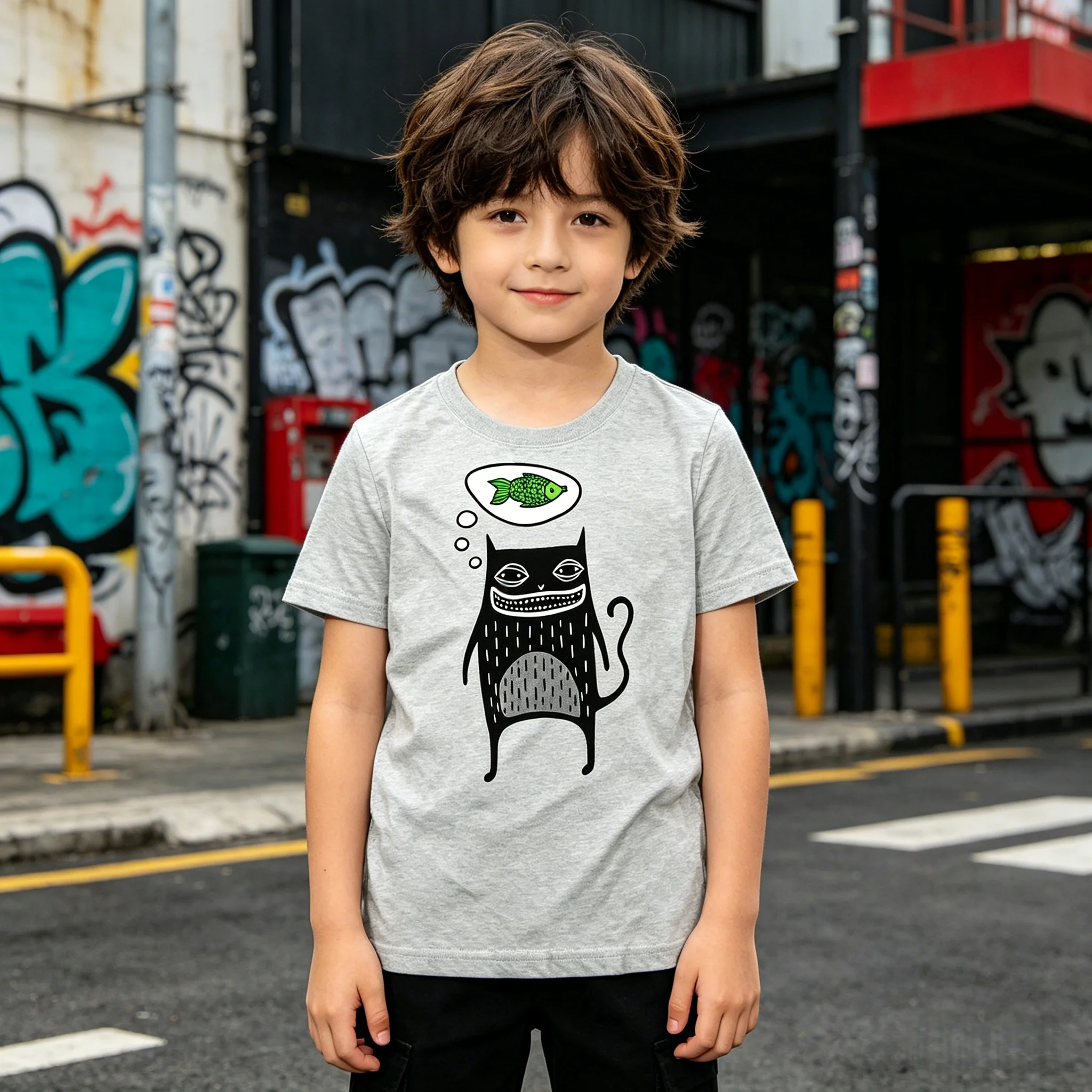 Funny Cat Fish Graphic Tee for Kids Abstract Design Casual Daily Wear Beach Vacation Party Outfit Soft Cotton Machine Washable