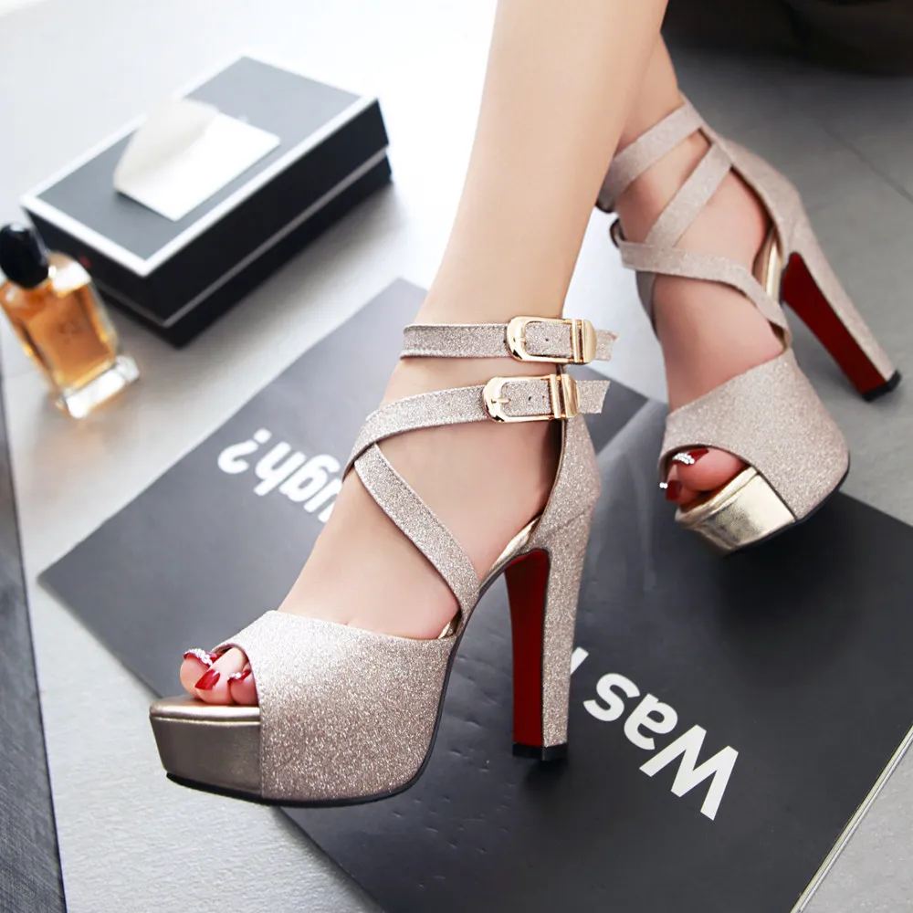 Casual Women Platform Sandals Glitter Leather 12cm High Chunky Heel Summer Buckle Cross Strap Zipper Gold Wedding Ladies Sandals