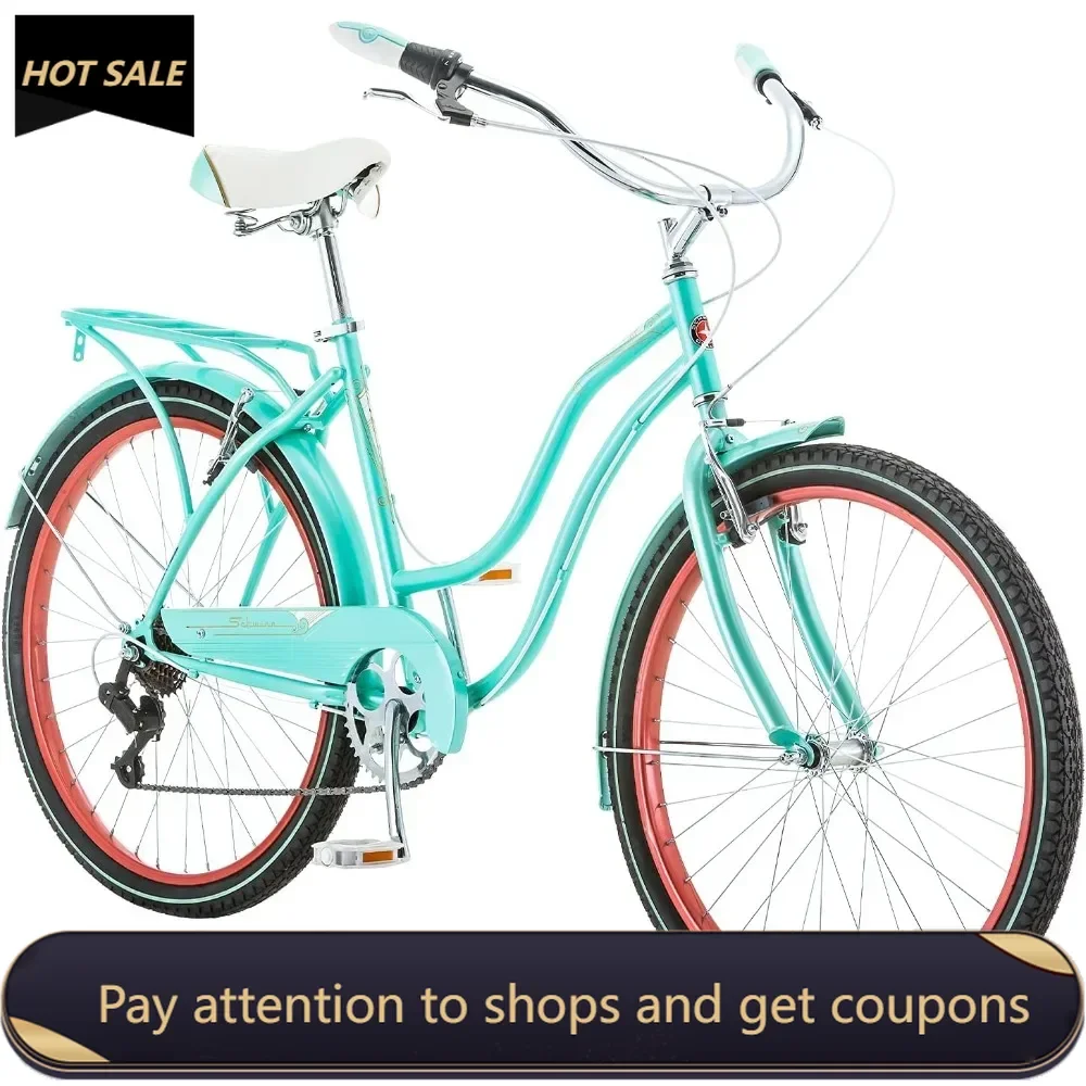 Adult Beach Cruiser Bike，18-Inch Step-Through Steel Frame，26-Inch Wheels，7-Speed Twist Shifters, Rear Rack Fenders Freight free