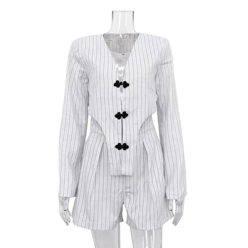 2026 Women's Clothing Spring and Autumn New Chinese Niche Design Long-sleeved Deep V Top Jacket High-waisted Shorts Striped Suit