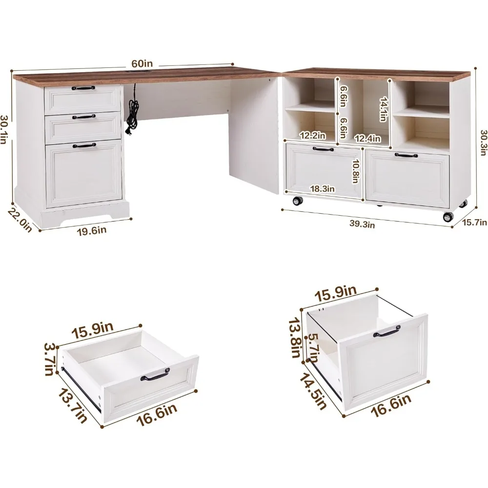 

L-Shaped 60" Executive Desk with 40" File Cabinet, Farmhouse Style Home Office Desk with Charging Station