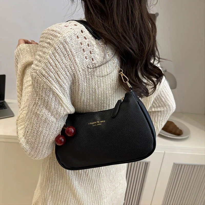 Cherry Pendant Shoulder Bag Women Light Luxury New High-end Women's Bag Soft Lychee Pattern Underarm Bag Casual Dumpling Bag