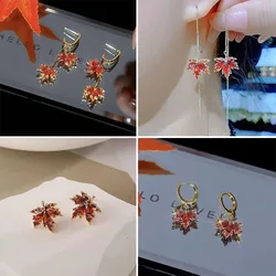 French Light Luxury Maple Leaf Earring Shiny Red Crystal Zircon Long Tassels Earrings Women Rhinestone Party Jewelry Gifts