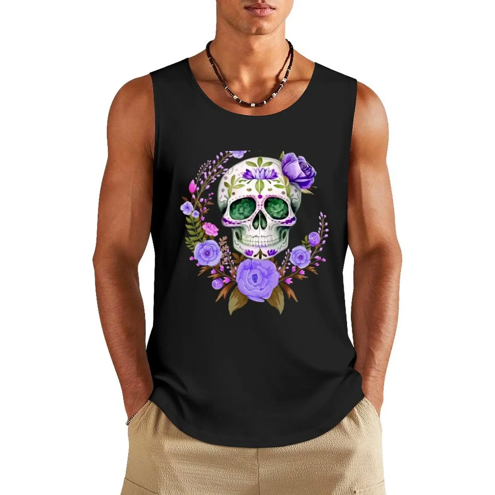

Purple Floral Dia De Los Muertos Sugar Skull Tank Top clothes for men basketball Top summer