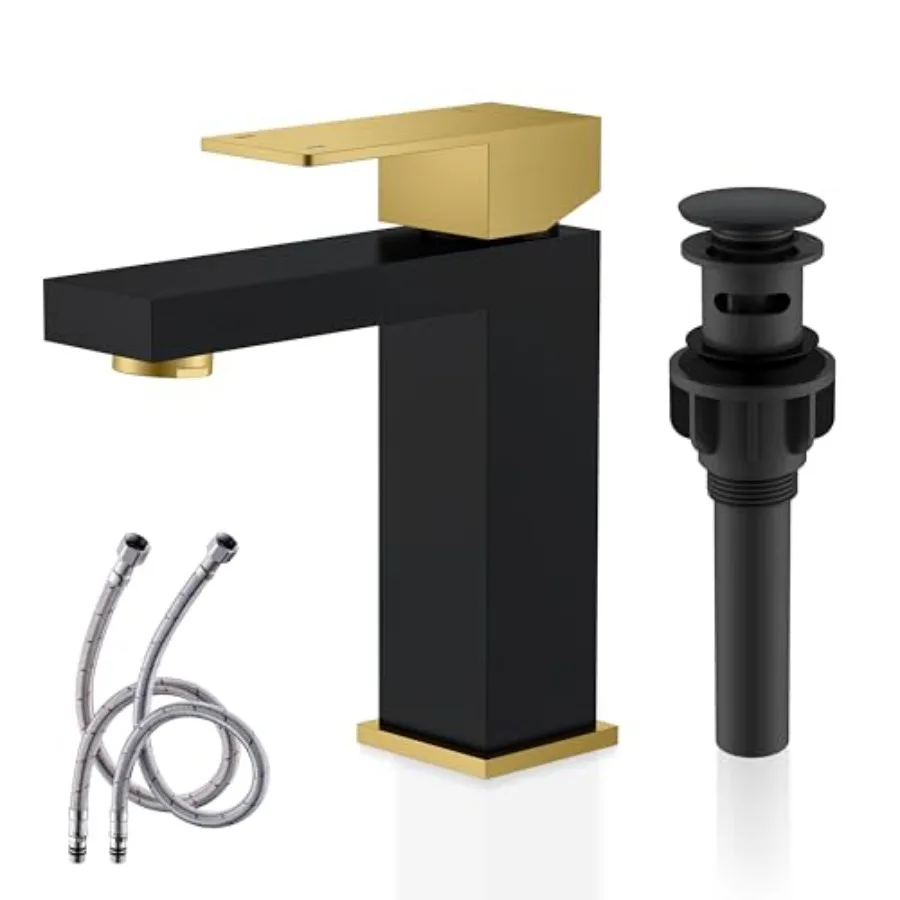 

Single Handle Bathroom Sink Faucet in Matte Black and Brushed Gold for Vanity with Pop Up Drain and Supply Lines Single Hole In