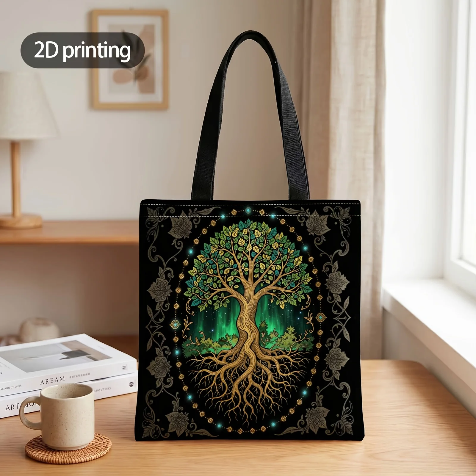 2D Printed Handbag with Tree of Life Glowing Bright Pattern, Reusable Fashion Shoulder Bag Shopping Tote Bag Suitable for Shoppi