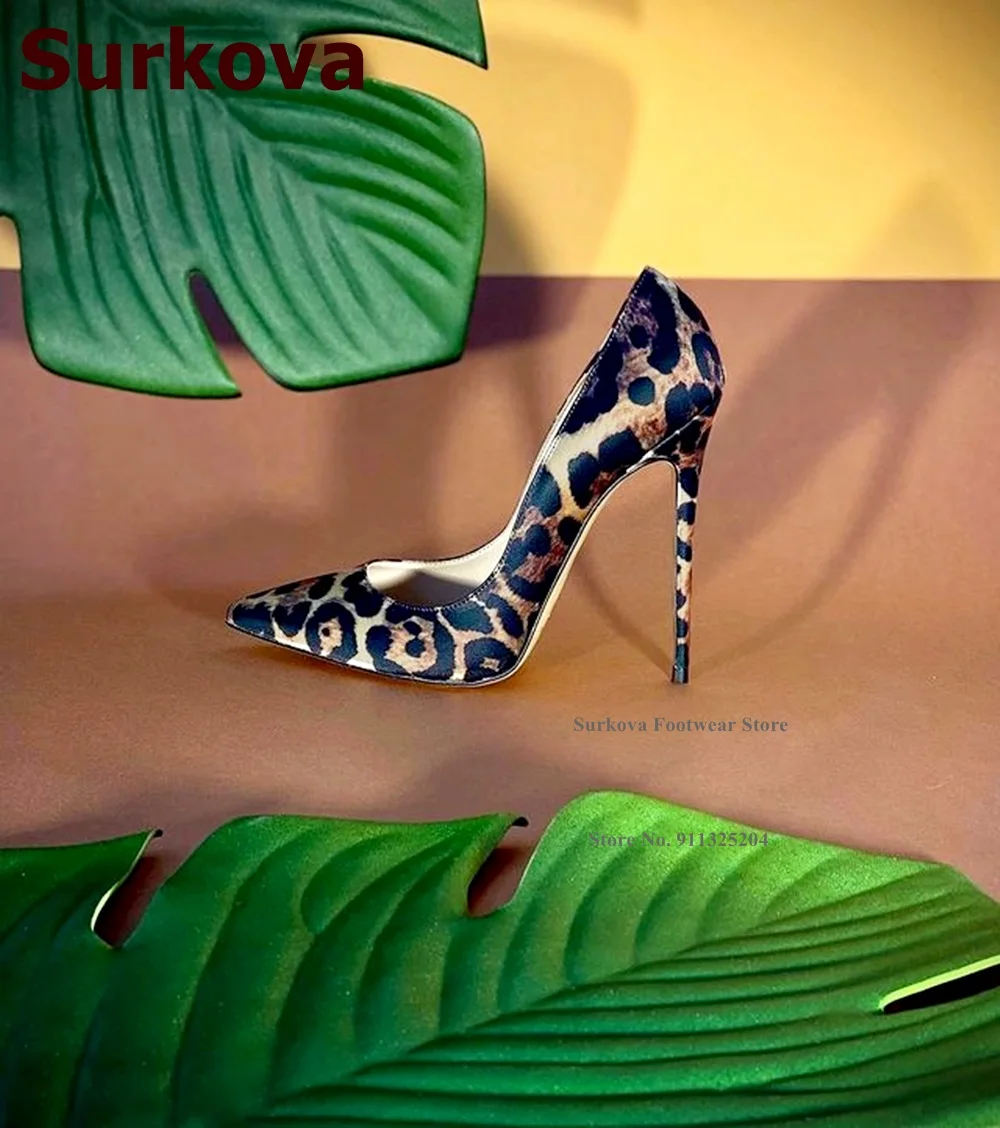 Surkova Sexy Leopard Satin Cloth High Heel Shoes 12CM 10CM 8CM Stilettos Pointed Toe Shallow Pumps Slip-on Silk Footwear Size45