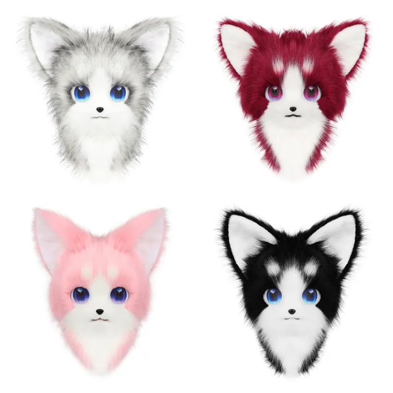Nieuwe Roze Zwart Kleuren Harige Fursuit Hoofdmasker Pluche Dier Kat Vos Masker Kostuum Rekwisieten voor Halloween Cosplay Party Props Kids Gif