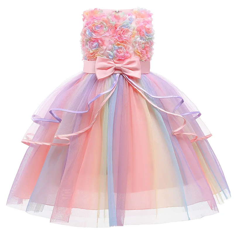 1 2 3 4 5 6 8 10 Years Flowers Baby Girls Dress Summer Rainbow Mesh Little Princess Dress Piano Performance Costume Kids Clothes