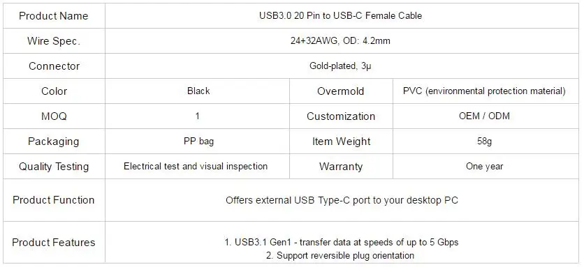 USB 3.1 C타입 포트 후면 패널, USB 3.0, 20 핀, 20 P 암-USB-C USB3.1 C타입 암 호스트, PCI 배플 케이블 5