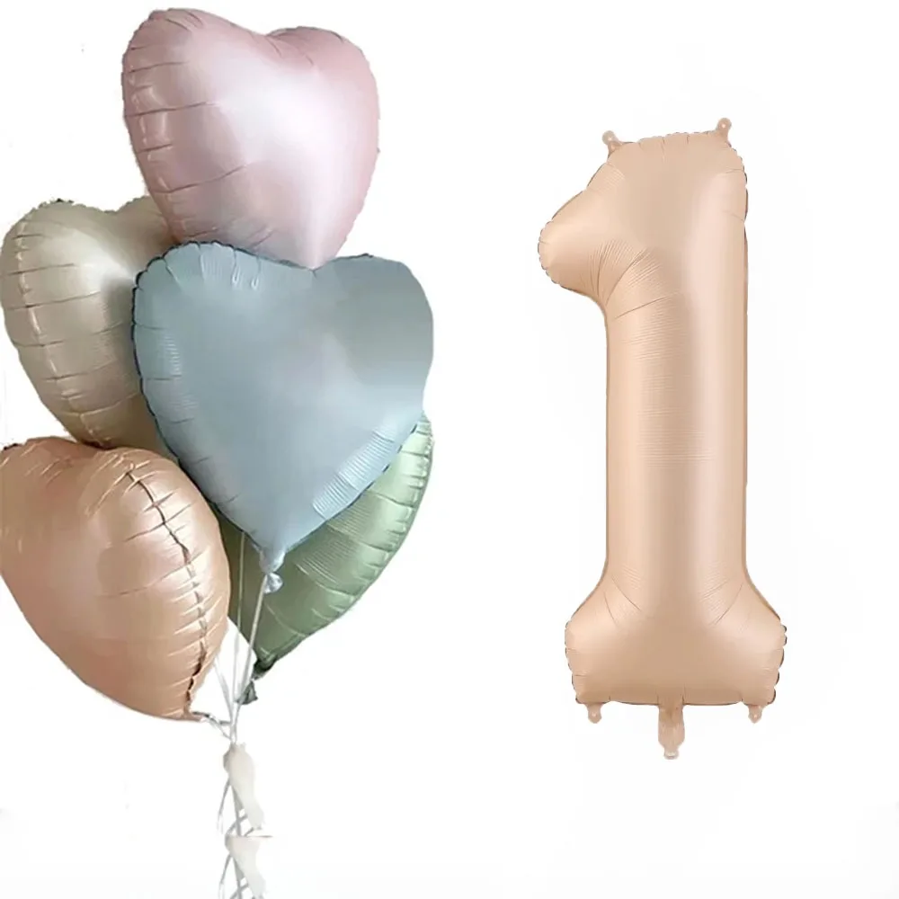 6pcs Retro Caramel Heart Balloons with 32inch Number Foil Balloon For Kids 1st Birthday Party DIY Decoration Supplies Wedding