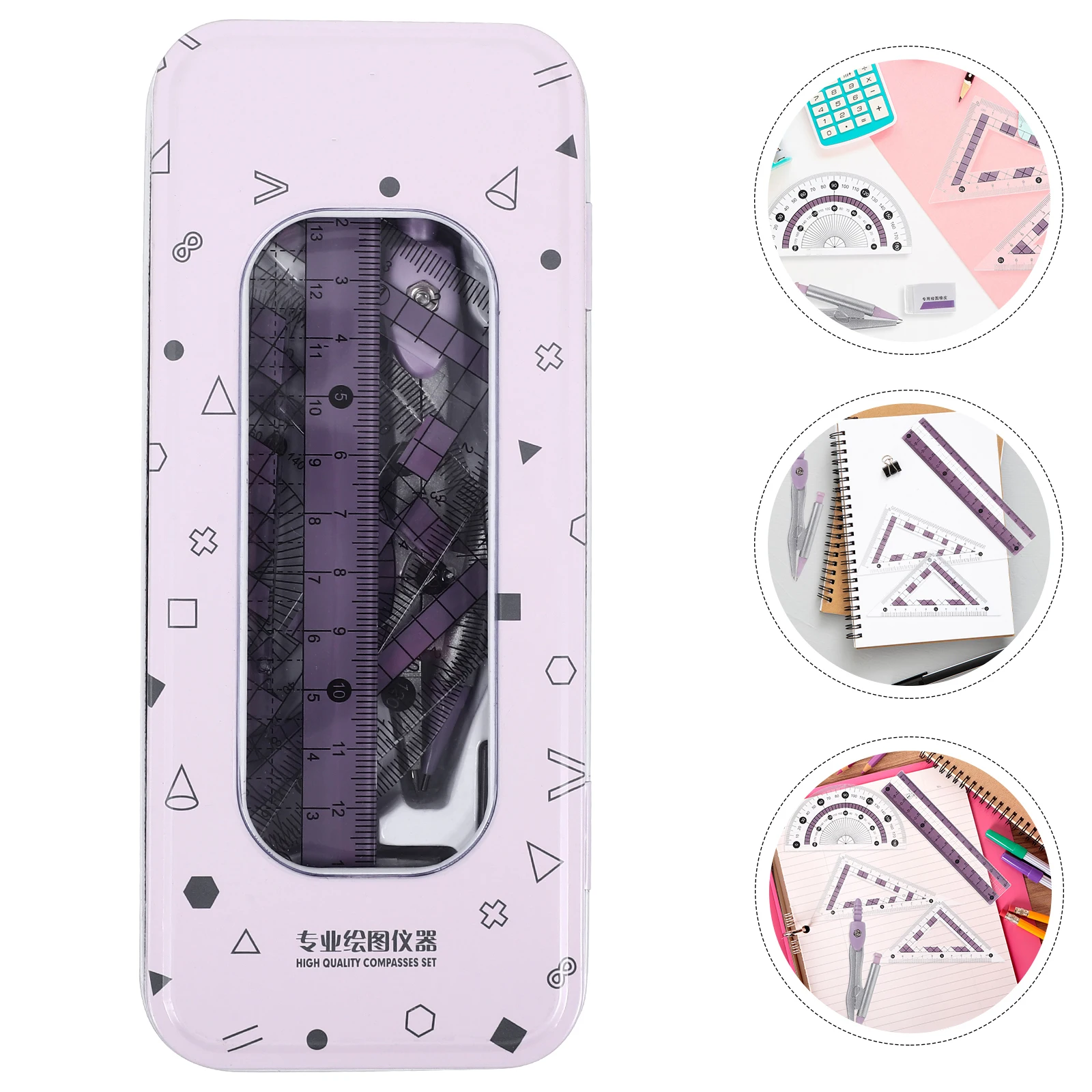 

Ruler Set Geometry Kit Transparent Protractor Compass Triangle Board Pink Kids Drawing Office Stationery Student Art Design