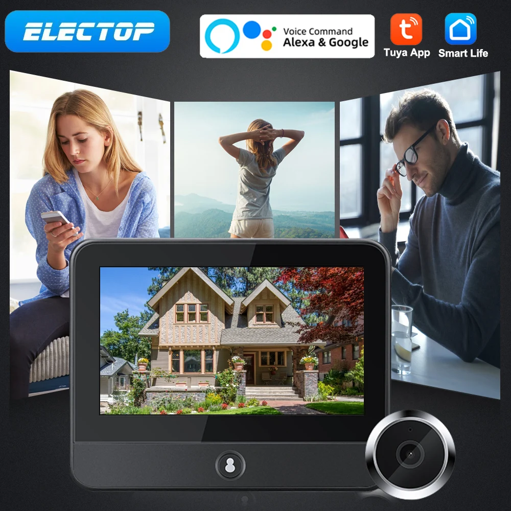 ELECTOP Tuya Doorbell Camera Wifi Phone 120° Wide Angle Peephole Camera PIR Motion Detector IR Alexa Google Home Digital Viewer