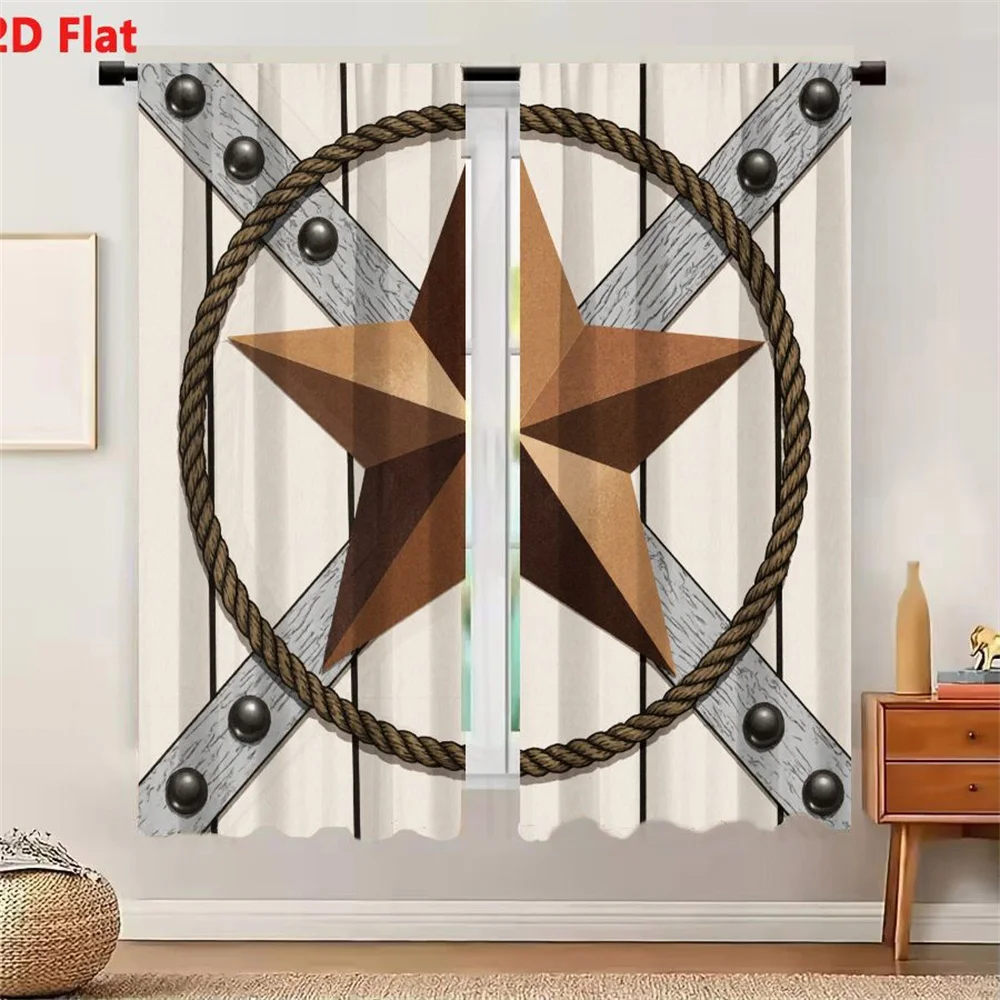 2Pcs Curtains 2D Flat Rustic Western - Style Decorative Emblem With Five - Pointed Star, Brown Rope, Gray Wooden Planks & Metal