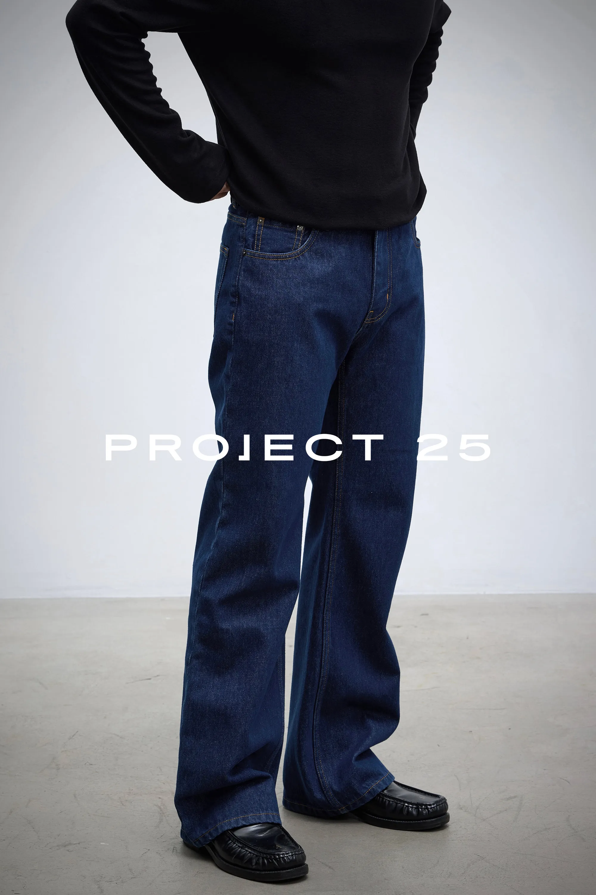 PROJECT 25 Men's Vintage Raw Denim Wide Leg Jeans - Relaxed Straight Fit with Micro Flare, Minimalist Casual Trousers