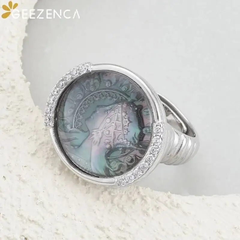 GEEZENCA 925 Sterling Silver Mother Of Pearl White Crystal Zirconia Adjustable Ring Women Queen Cameo Round Chunky Rings Gift