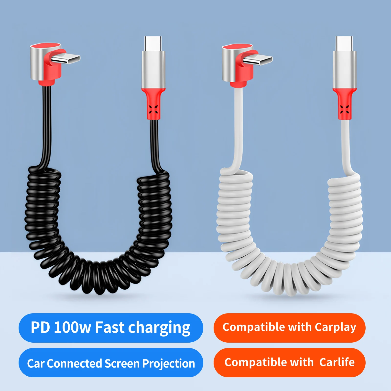 

Coiled USB C to USB C Cable for Car,90 Degree Right Angle Retractable Fast Charging Cord for iPhone 17/16,Samsung Galaxy S24/S23