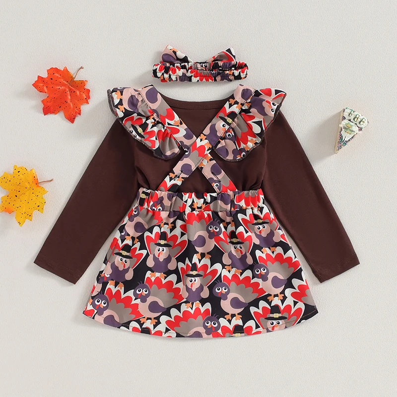 Pakaian Musim Gugur Anak Perempuan Kaos Lengan Panjang dengan Rok Motif Turki dan Bando Senada - Set Thanksgiving 3 Potong