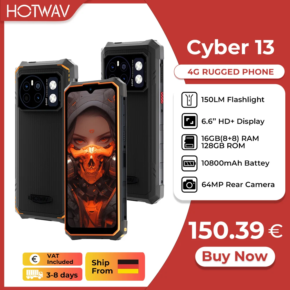 [Lagerbestand in der EU] HOTWAV Cyber 13 Robustes Telefon 10800 mAh 8 GB 128 GB Smartphone 150LM Taschenlampe 6,6'' HD+ 64 MP Android 14 Mobiltelefon