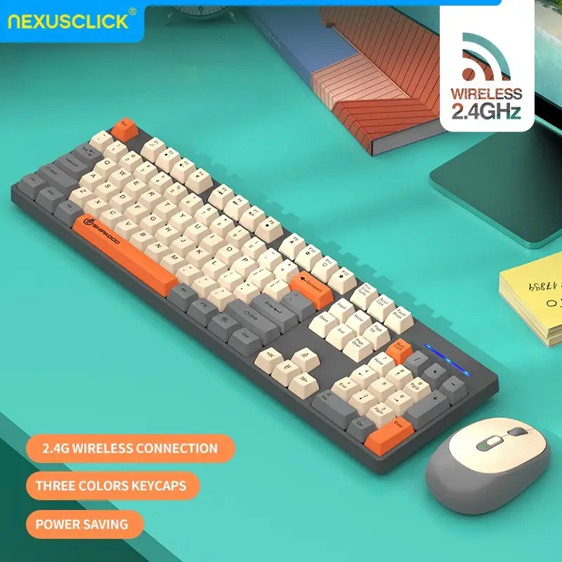 NexusClick 무선 게이밍 사무용 키보드&마우스 세트 스마트 절전형 풀 사이즈 104키 1600DPI 조절 가능 USB 유선 옵션